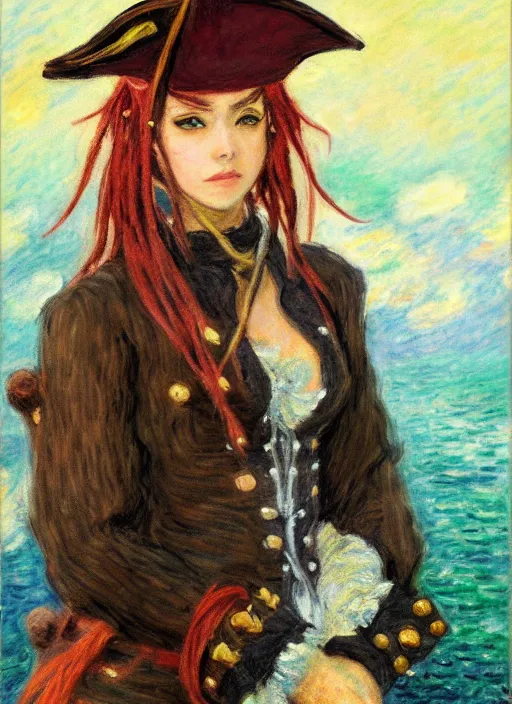 Image similar to a portrait of a female pirate, very anime in impressionist style, trending artwork, 4 k, anime painter studio, by claude monet