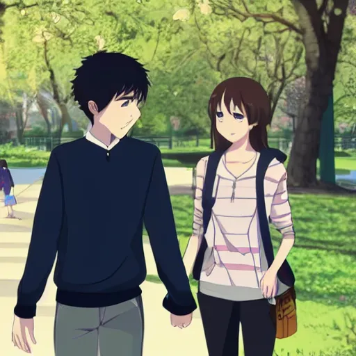 Prompt: a girl and a boy who are college students, 1 7 years old walking together looking at each other at a park, a medium shot, spring season, highly detailed, 8 k, as an anime