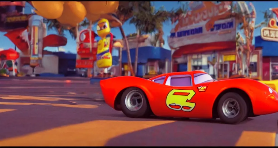 Image similar to a film still of Lightning McQueen in Pulp Fiction, anamorphic, cinematography,