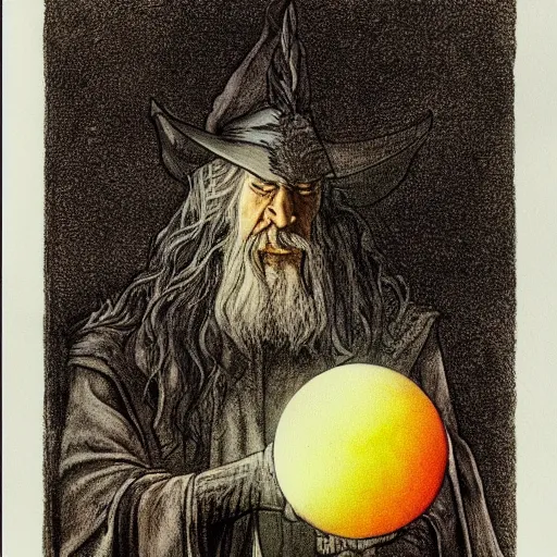 Prompt: Gandalf pondering his orb by Henry Gray, Colourful