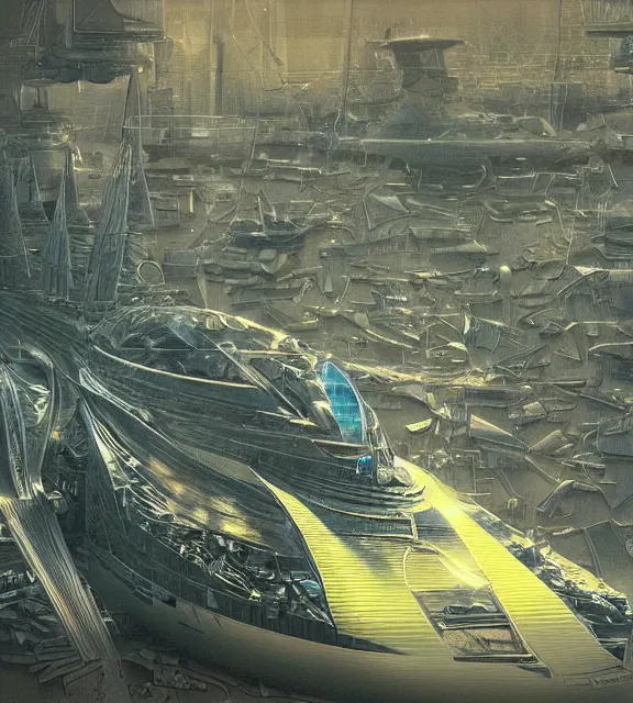 Prompt: hyperrealism extreamly highly detailed still view from the distance photography on kodak porta pro of extreamly highly detailed solarpunk cosmic ship with many details, docking on the streets of solarpunk village by josan gonzalez from movie by isaac asimov and denis villeneuve and katsuhiro otomo, alejandro jodorovsky volumetric natural sunlight