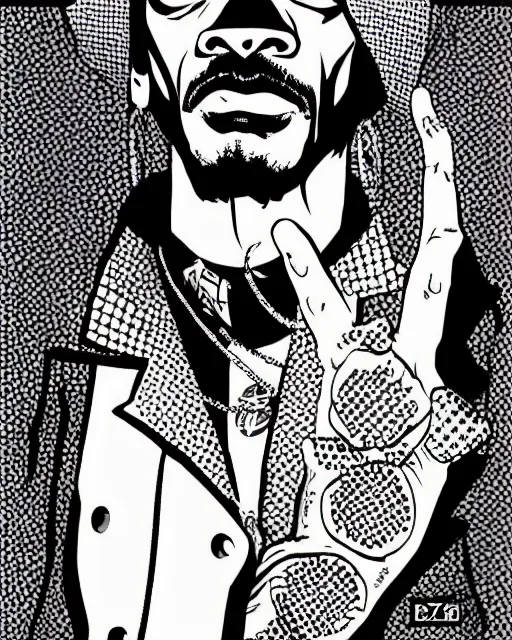 Prompt: Digital ink drawing of snoop Dogg from JoJo\'s Bizzare Adventure, colorized manga with vibrant colors, highly detailed, sharp focus, soft shadow transition, screentone shading, 1990 manga panel, trending on ArtStation, manga cover art drawn by Hirohiko Araki