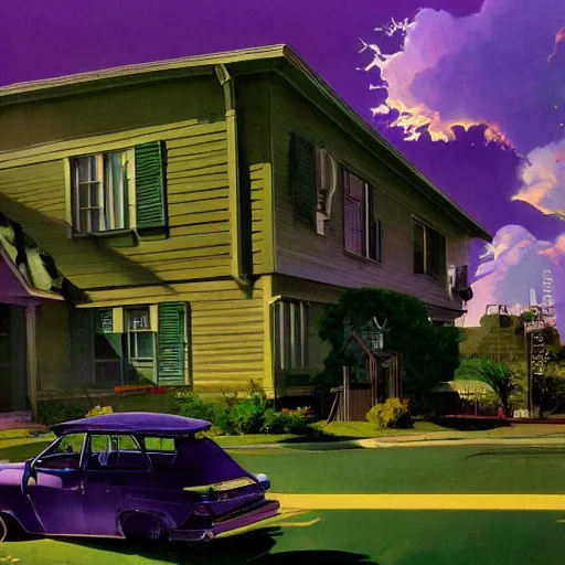 Prompt: a suburban neighborhood with deep green and purple glowing clouds. highly detailed science fiction painting by norman rockwell, frank frazetta, and syd mead. rich colors, high contrast, gloomy atmosphere, dark background. trending on artstation.