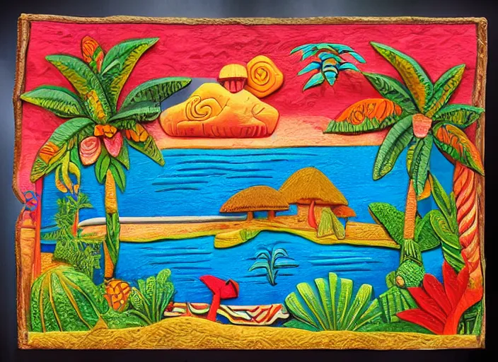 Image similar to colorized stylized bas relief sculpture of a tropical paradise in mexico folk art style