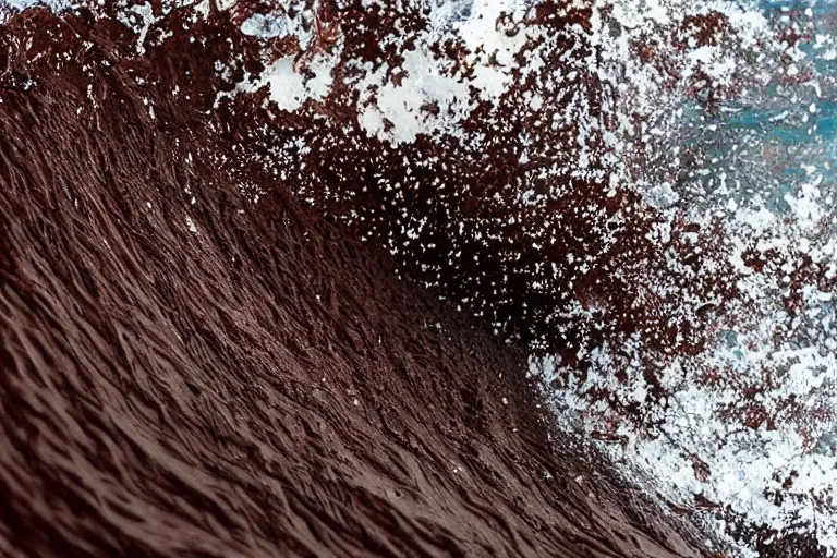 Prompt: a photo of beautiful ocean sea wave made from chocolate, liquid brown dark splatter splash.