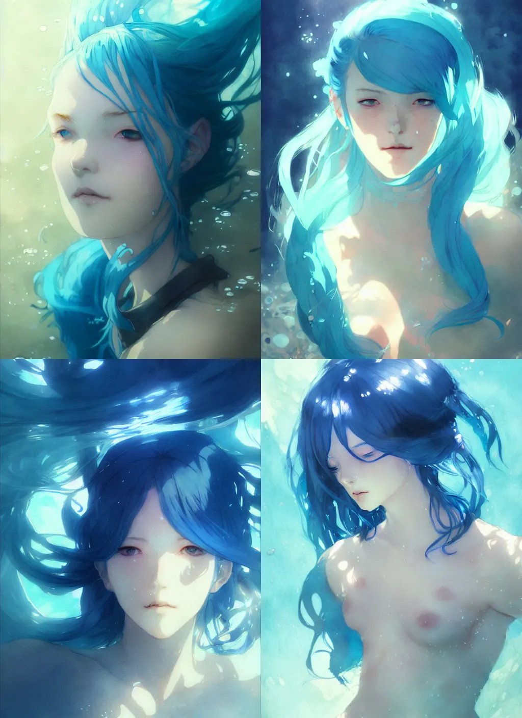 Prompt: portrait of a girl with blue hair swimming underwater, illustration, top lighting, perfect shadow, leaning towards watercolor, art by hidari and krenz cushart and wenjun lin