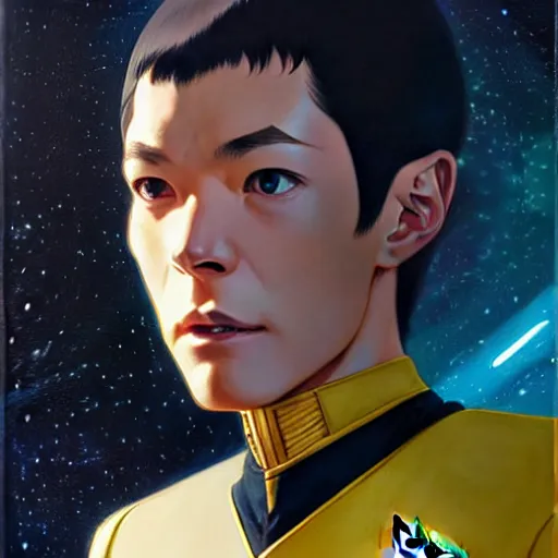 Prompt: star trek starship captain, finely detailed features, closeup at the face, perfect art, gapmoe yandere grimdark, trending on pixiv fanbox, painted by greg rutkowski makoto shinkai takashi takeuchi greg rutkowski, alphonse mucha, akihiko yoshida