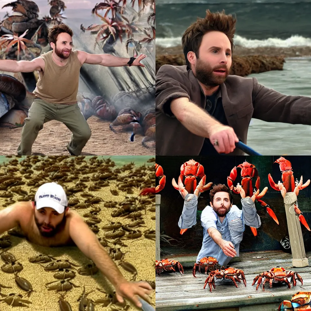 Prompt: Charlie Day fighting an army of crabs