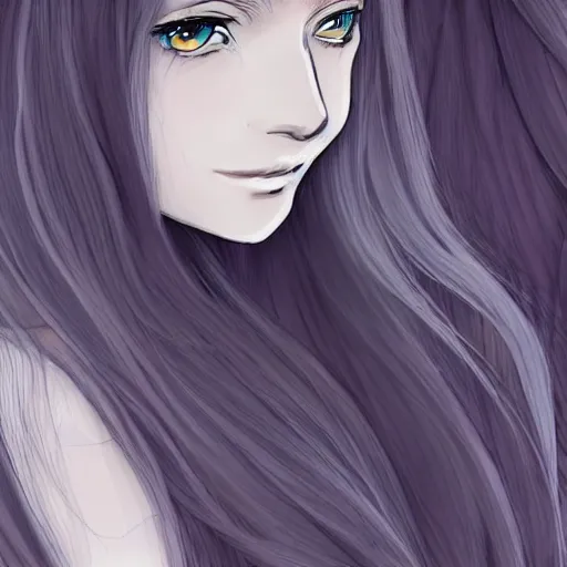 Image similar to young woman with long wavy light silver hair, with blackness instead of eyes, anime