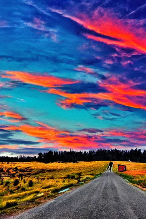 Prompt: colourful sunset at the end of a long highway by zack doehler