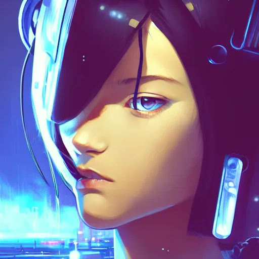 Image similar to A comic potrait of a cyberpunk cyborg girl with big and cute eyes, fine-face, realistic shaded perfect face, fine details. Night setting. Very anime style. Realistic shaded lighting poster by Ilya Kuvshinov katsuhiro, magali villeneuve, artgerm, Jeremy Lipkin and Michael Garmash, Rob Rey and Kentarõ Miura style, trending on art station