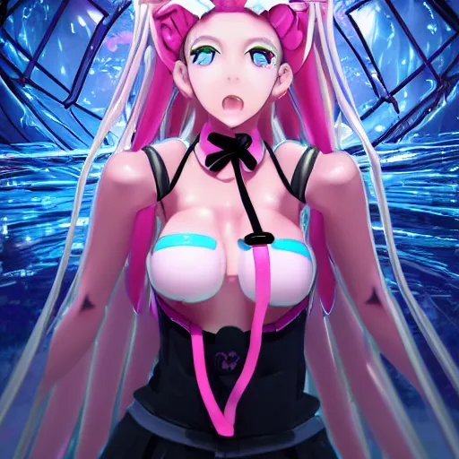 Image similar to stunningly beautiful omnipotent megalomaniacal anime ai goddess who looks like junko enoshima with symmetrical perfect face and porcelain skin, pink twintail hair and cyan eyes, traps you inside her inescapable full dive vr prison where she controls you completely!!!, hyperdetailed, digital art from danganronpa, unreal engine 5, 8 k