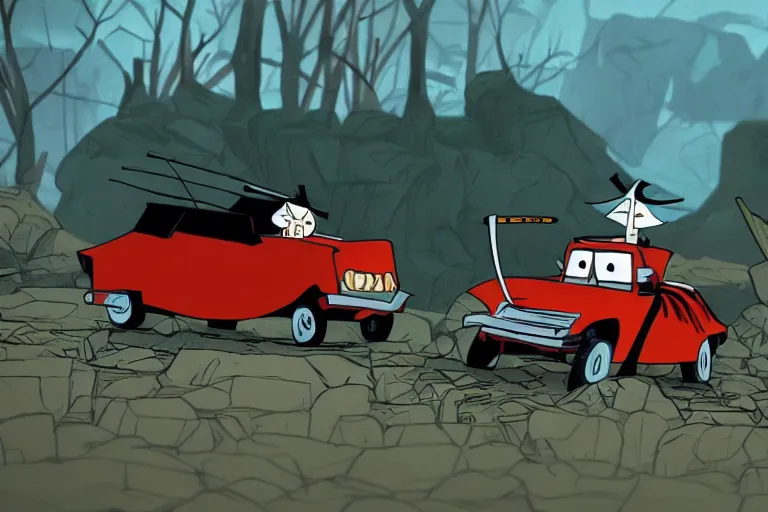 Prompt: samurai jack driving a clown car, photorealistic, detailed and intricate environment