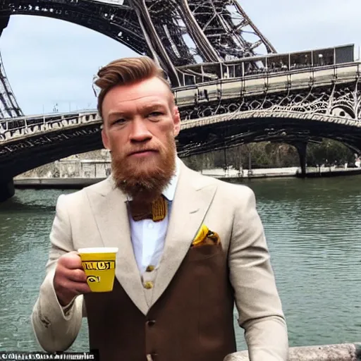 Prompt: mcgregor is dressed as a gentleman at early 2 0 th century paris. he is having a coffee at the banks of river seine. ewan mcgregor has a coffee cup on his hand. next to him is a small brown cat with yellow glowing eyes