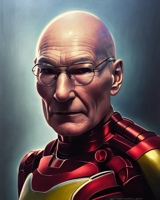 Prompt: a highly detailed portrait of Sir Patrick Stewart as Iron Man, heroic pose, by greg rutkowski and android jones in a surreal portrait style, oil on canvas, ancient cyberpunk 8k resolution, masterpiece