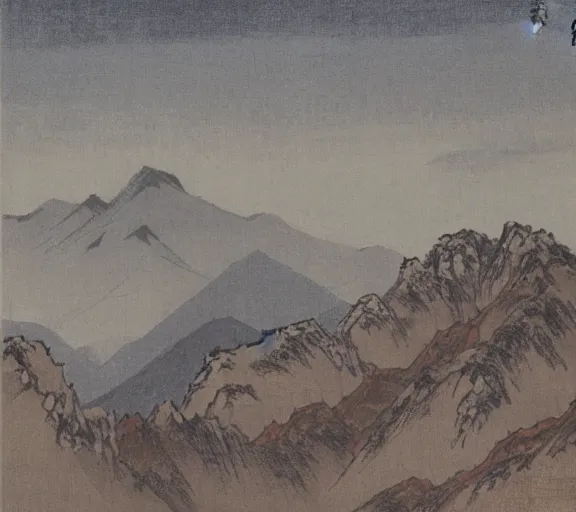Prompt: mountains by xu beihong feng zikai yun shouping