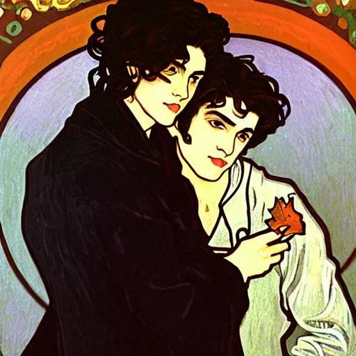 Image similar to painting of young cute handsome beautiful dark medium wavy hair man in his 2 0 s named shadow taehyung and cute handsome beautiful min - jun together at the halloween! party, bubbling cauldron!, candles!, smoke, autumn! colors, elegant, wearing suits!, delicate facial features, art by alphonse mucha, vincent van gogh, egon schiele