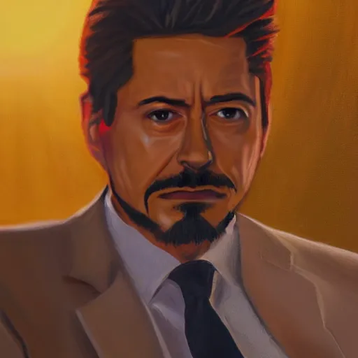 Prompt: detailed oil painting of tony stark sitting in an armchair in a room with the setting sun, by jama jurabaev, brush hard, golden hour