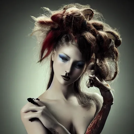 Prompt: young woman in a nymph costume striking a pose, intricate hairstyle, professional body paint, portrait photography by Karel Saudek, digital, photoshop, Helios 44-2, high definition, award winning, 4K UHD