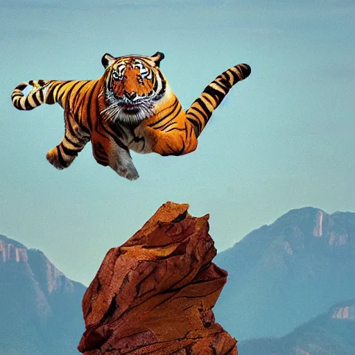 Image similar to a tiger jumping off a cliff with a parachute