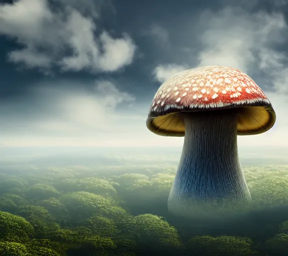 Prompt: a giant mushroom that stretches above the clouds with buildings inside the cap. highly detailed 8 k. intricate. lifelike. soft light. nikon d 8 5 0. cinematic post - processing