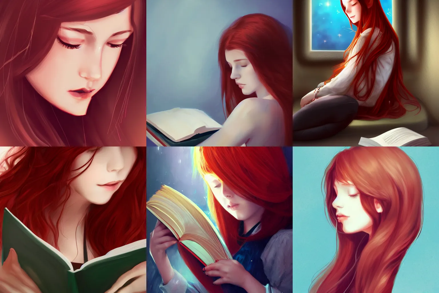 Prompt: A red haired girl with a beautiful face and long hair rests over a book, she's sleeping, digital art, artstation