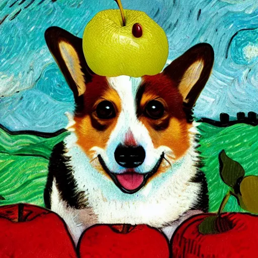 Prompt: corgi with an apple on its head, 4 k, by van gogh, realistic, high detail, concept art