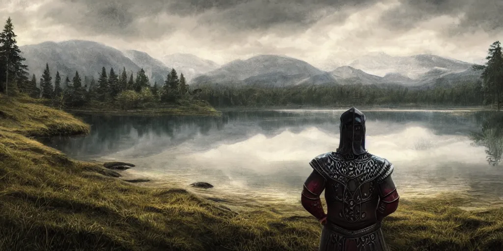 Image similar to beautiful landscape of small lake at midday with distant mountains and close - up of a symmetric detailed man in realistic detailed medieval armor, ultra realistic, highly detailed, hd, sharp focus, cinematic lighting, realistic, vivid colors, gritty, matt painting, digital art, non blurry, sharp, artstation, concept art, smooth, illustration