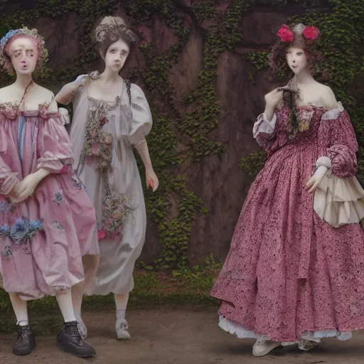 Image similar to 8k, octane render, realism, tonalism, renaissance, rococo, baroque, group of creepy young ladies wearing long harajuku manga dress with flowers and skulls, background chaotic flowers