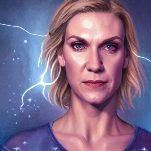 Image similar to portrait painting of rhea seehorn with red laser beams shooting out of her eyes, beautiful detailed face, ultra realistic, concept art, intricate details, serious, highly detailed, photorealistic, smooth, sharp focus, featured on artstation, 8 k