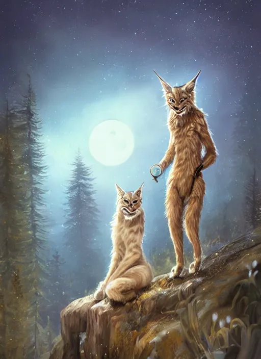 Image similar to anthropomorphic lynx holding a golden intricately decorated shiny scepter, night, spruce trees on the sides, mountains in the background, eerie dark atmosphere, moonlit, back light, fantasy art by charlie bowater and yoshitaka amano, trending on artstation