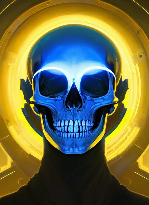 Prompt: symmetry!! portrait of a skull, sci - fi, tech wear, blue and yellow glowing lights!! intricate, elegant, highly detailed, digital painting, artstation, concept art, smooth, sharp focus, illustration, art by artgerm and greg rutkowski and alphonse mucha