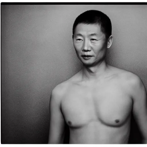 Prompt: Photo of Xi Jingping in swimsuit, soft studio lighting, photo taken by Martin Schoeller for Abercrombie and Fitch, award-winning photo, 24mm f/1.4