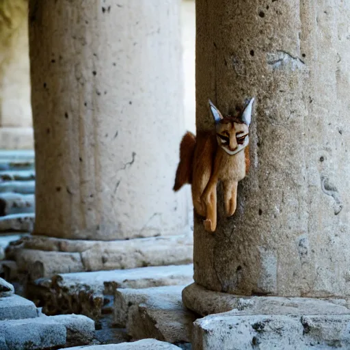 Prompt: a cinematic film still of a claymation stop motion film starring cute caracal, big wooden barrel, ancient greek city, marble temple columns, olive trees, shallow depth of field, 8 0 mm, f 1. 8