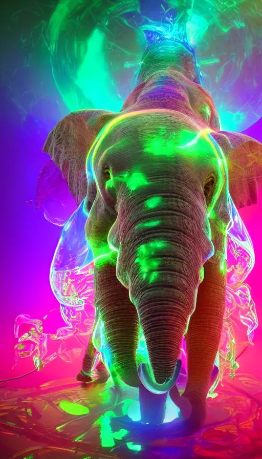 Prompt: 8K UHD Houdini render of crystalpunk mysterywave biocore herbalmancer elephant, background bioluminescent swirling wisps, red yellow green blue smoke gradient palette, volumetric lighting, 18 mm lens