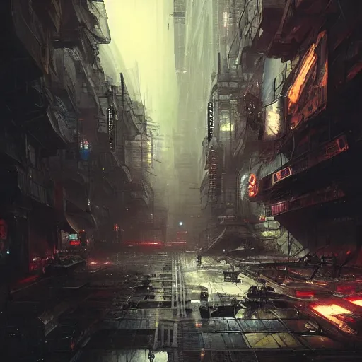 Prompt: Futuristic apocalyptic cyberpunk city by Greg Rutkowski, asymmetrical, realistic painting, dark vibes, nightmare, hard edges, china town, synth wave, trending on the artstation:2 by Greg Rutkowski:4