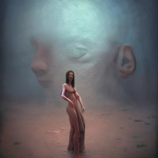 Prompt: dream woman, art, concept art, beksinski, zdzisław, photorealistic, rendered in octane, matte painting, highly detailed, featured on deviantart
