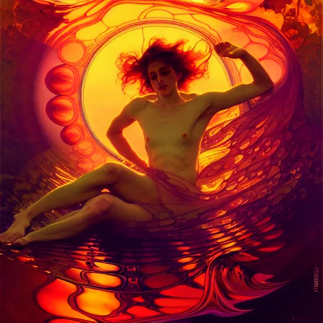 Prompt: transcendent mind bending indigo waves of glossy psychedelic liquid honey flowing like kaleidoscopic translucent amber, lsd waves, honey ripples, dramatic professional sunset, refracted lighting, art by collier, albert aublet, krenz cushart, artem demura, alphonse mucha