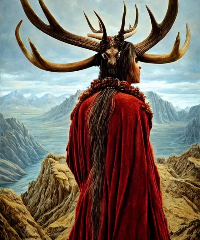 Image similar to a detailed horned antelopewoman stands among the mountains. wearing a ripped mantle, robe. perfect faces, extremely high details, realistic, fantasy art, solo, masterpiece, soft cimematic colors and lighting, art by daniel e. greene, zoey frank, vincent desiderio, hermann nitsch