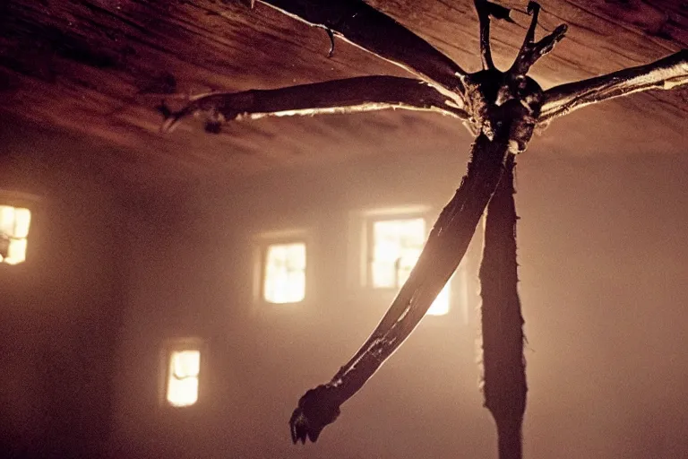 Image similar to film still of a six legged monster clinging to the ceiling of an old cabin's living room, horror movie, eerie, creepy, dark, amazing lighting, great cinematography, directed by scott derrickson