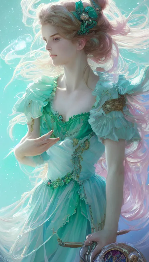 Prompt: portrait of magical girl, dreamy and ethereal, mint green eyes, peaceful expression, ornate frilly dress, fantasy, intricate, elegant, rainbow bubbles, highly detailed, digital painting, artstation, concept art, smooth, sharp focus, illustration, art by artgerm and greg rutkowski and alphonse mucha