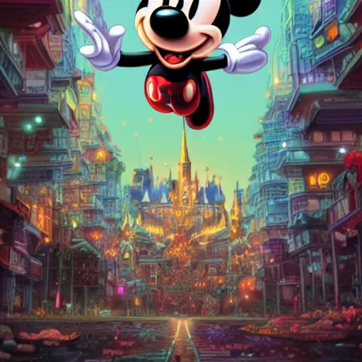 Image similar to the second coming of mickey mouse by dan mumford, yusuke murata, makoto shinkai, ross tran, cosmic, heavenly, god rays, intricate detail, cinematic, 8 k, cel shaded, unreal engine, featured on artstation, pixiv