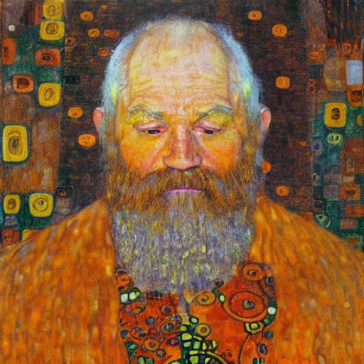 Image similar to detailing character concept portrait of old man by Gustav Klimt, on simple background, oil painting, middle close up composition