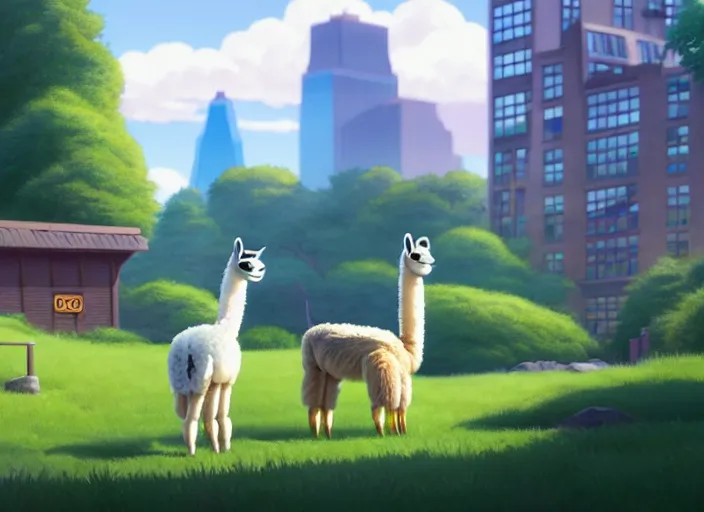 Image similar to a wholesome animation key shot of a llama, new york zoo in the background, studio ghibli, pixar and disney animation, sharp, rendered in unreal engine 5, anime key art by greg rutkowski, bloom, dramatic lighting