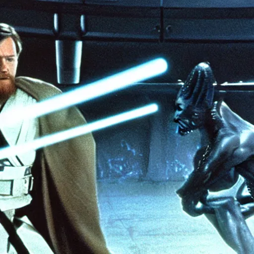 Image similar to obi wan kenobi fighting a xenomorph alien with his lightsaber in star wars a new hope 1 9 7 7