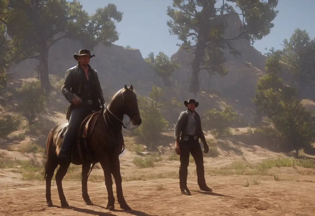 Image similar to elon musk in the red dead redemption 2, elon musk in the video game red dead redemption 2, gameplay screenshot, close up, 3 d rendering. unreal engine. amazing likeness. very detailed.