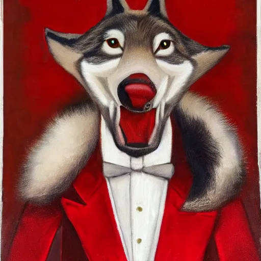 Prompt: portrait of a wolf playboy with red and white fur in a red retro suit with a yellow tie, oil painting