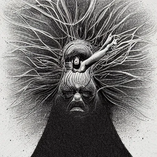 Prompt: a drawing of a person with their head in the air exploding with ideas, scribble art, digital art by daniel gelon and zdzislaw beksinski, behance contest winner, deviantart, digital art, digital illustration, pencil sketch, stipple, pop surrealism