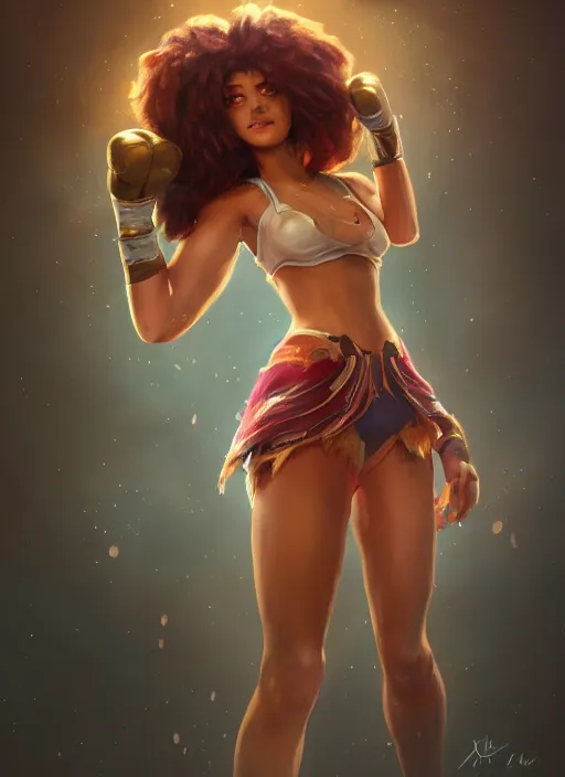 Image similar to taliyah, from league of legends, al natural, exhibant, boxing, kulohelohe, hyper detailed, digital art, trending in artstation, cinematic lighting, studio quality, smooth render, unreal engine 5 rendered, octane rendered, art style by klimt and nixeu and ian sprigger and wlop and krenz cushart