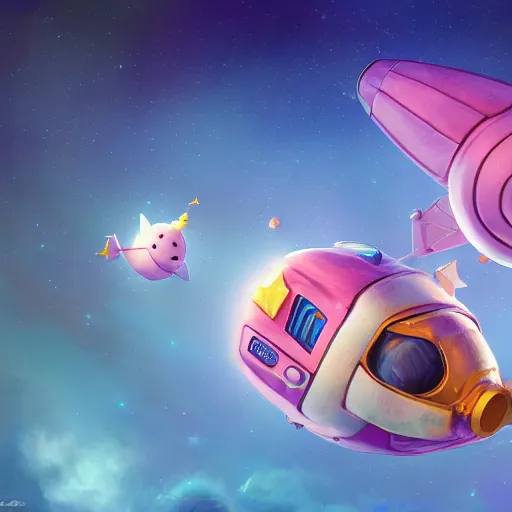 Prompt: 3D Fantasy Cute and adorable piggy spacecraft flying through space, bright stars, Smooth 3D Illustration, soft render, Servando Lupini, Daniil Kudriavtsev, handpaint texture, Blender, 3DCoat